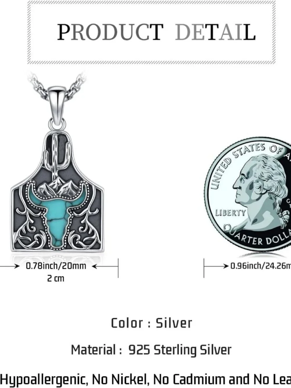 Women's Cow Tag Sterling Turquoise Pendant Highland Cow Skull Western Necklace